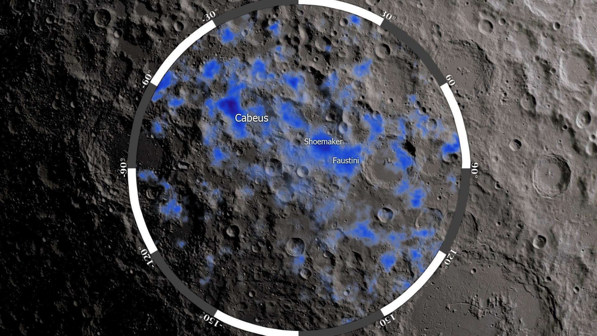 Unterirdische "Eisvorräte" in den Kratern Cabeus, Shoemaker und Faustini am Südpol des Mondes