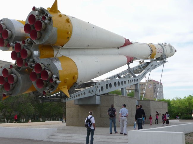 The team visit the Soyuz monument in Baikonur City