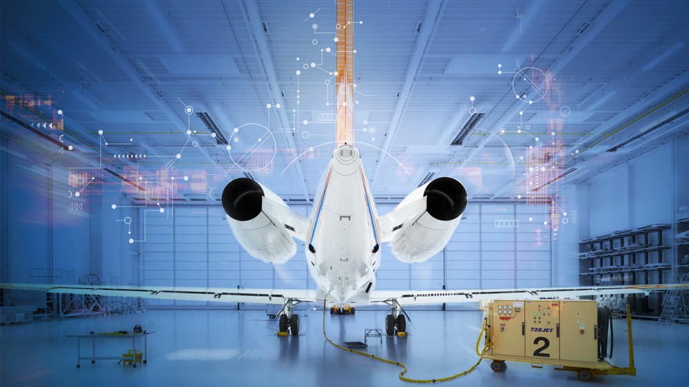 Ein DLR-Flugzeug im Hangar. Überlagerungen deuten Diagramme an.