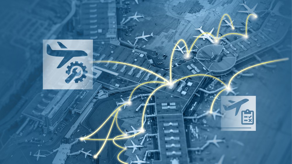 Luftbild eines Flughafens mit angedeuteten Verbindungslinien und Diagrammen