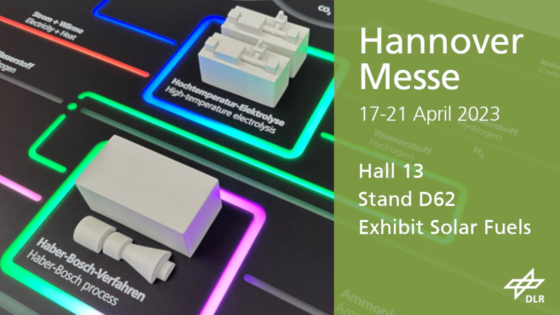 An announcement graphic of the DLR stand and the Solar Fuels exhibit at Hannover Messe