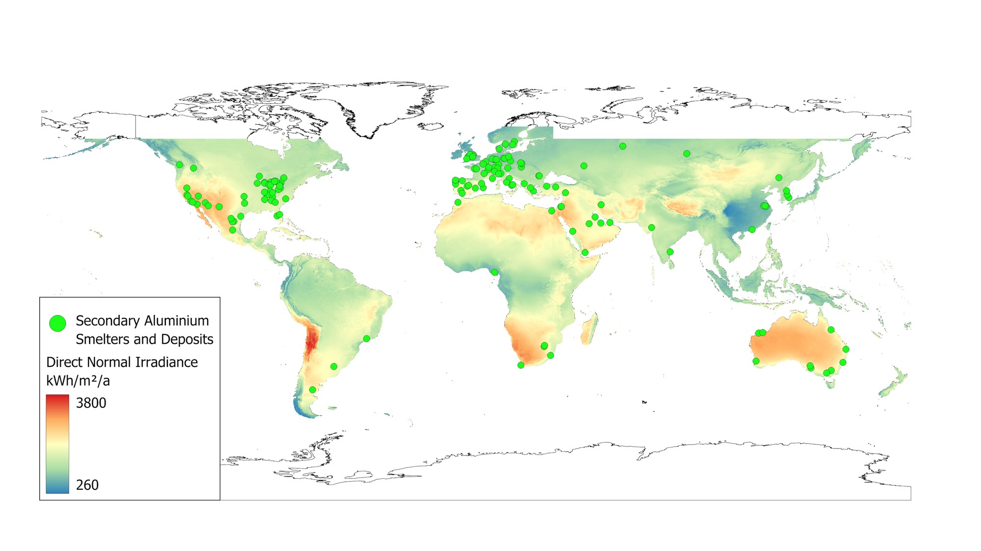 Global map on the potential of solar-powered aluminium recycling