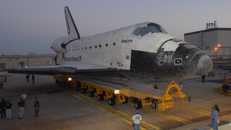 Space shuttle Atlantis rolls out of Orbiter Processing Facility bay 1