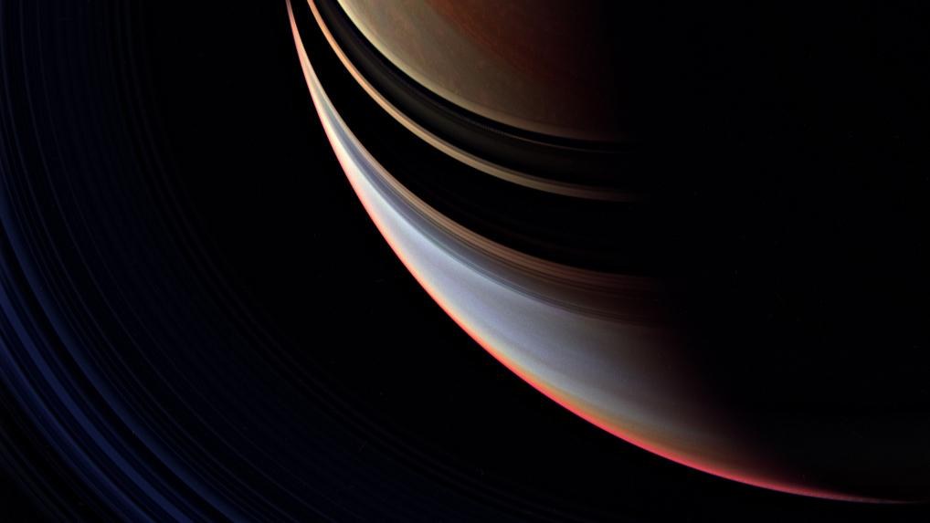 Saturn’s cloud cover with a shadow cast by the rings