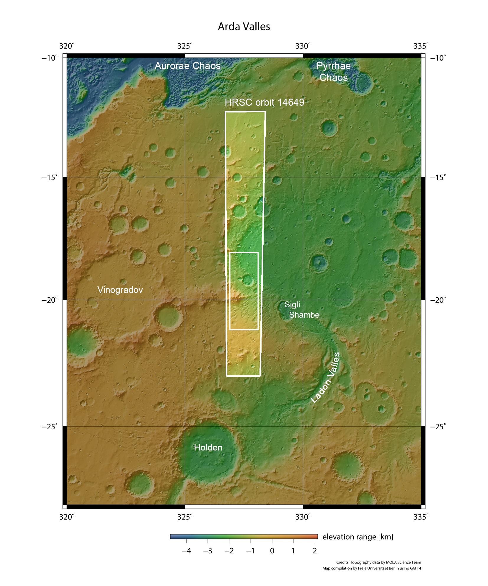 Topographical context map of Arda Valles and surrounding area