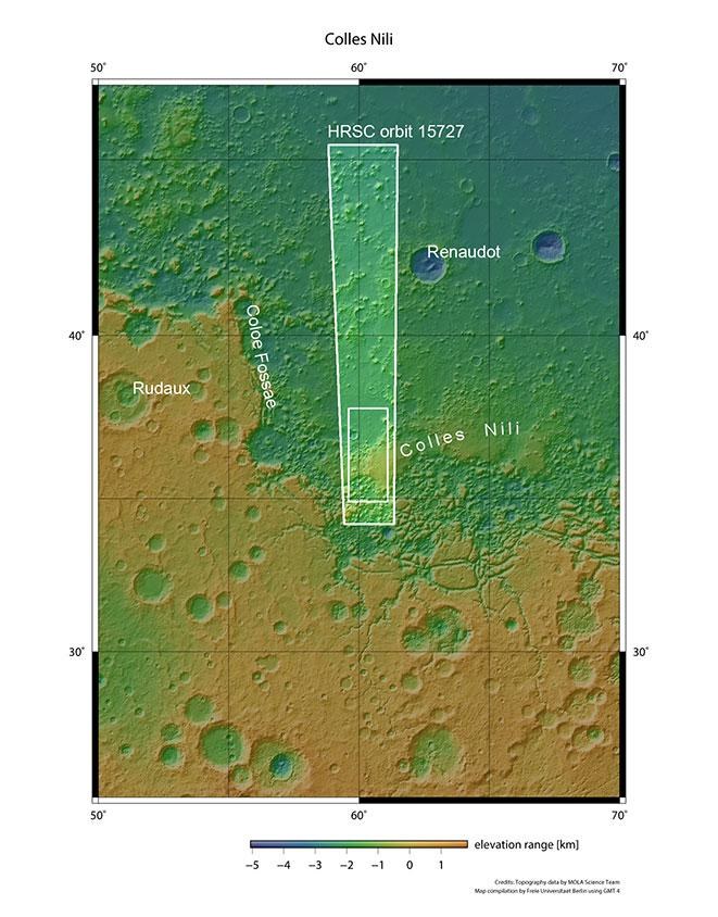 Colles Nili – escarpment outliers at the transition between the Martian highlands and lowlands