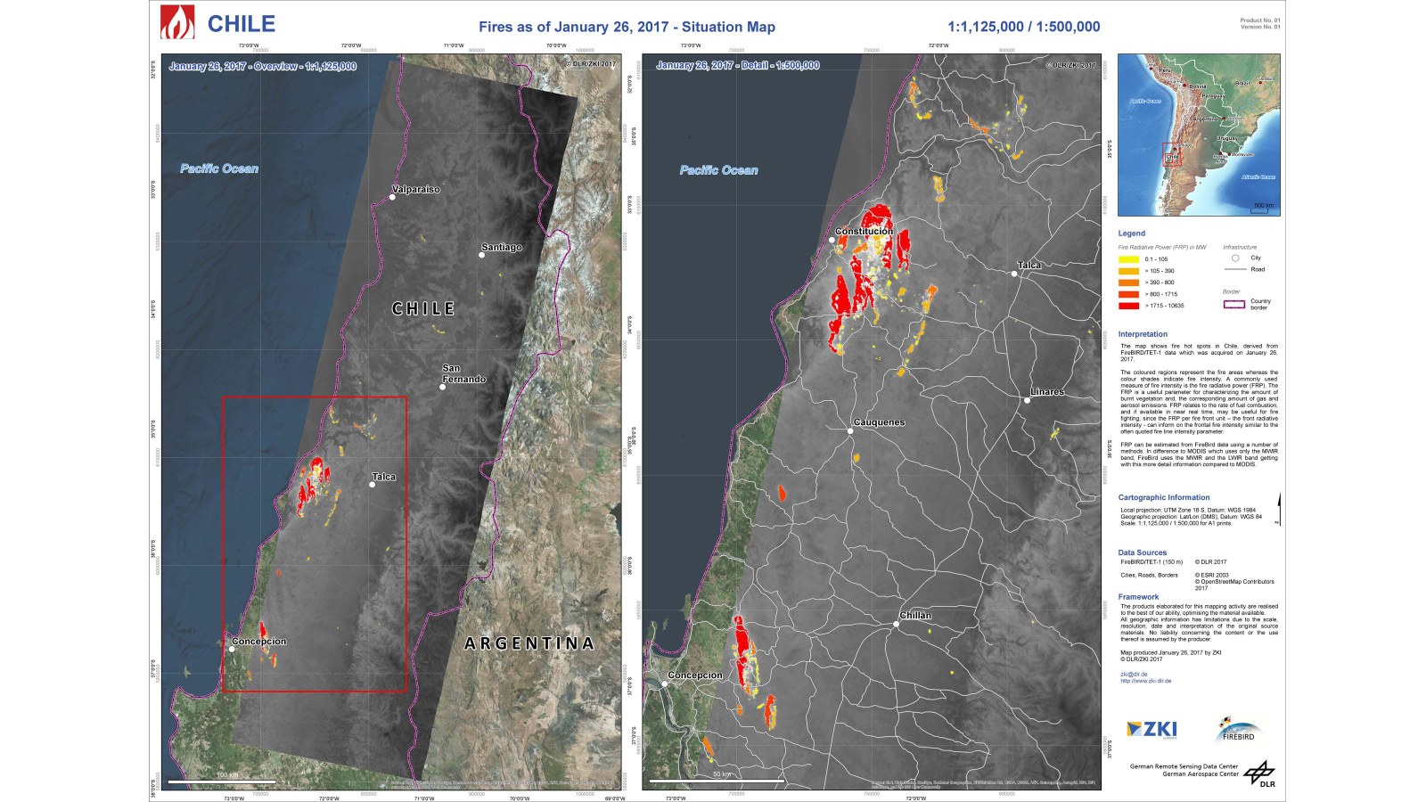 Situation map of the fires in Chile