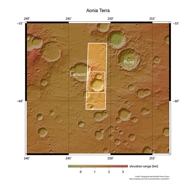 Topographic overview map of the Aonia Terra region on Mars