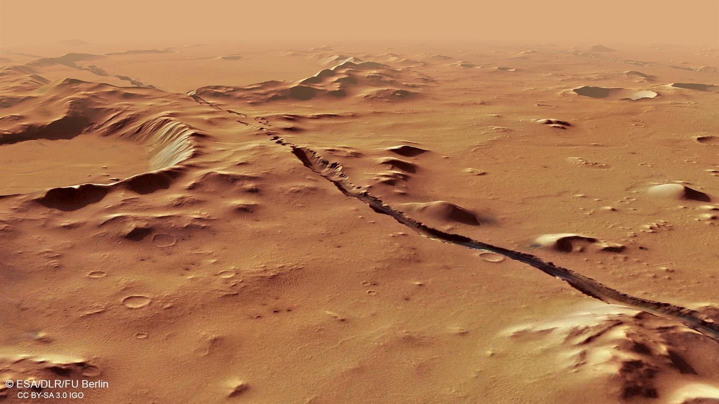 Perspective view, looking from south-east to north-west, over Cerberus Fossae