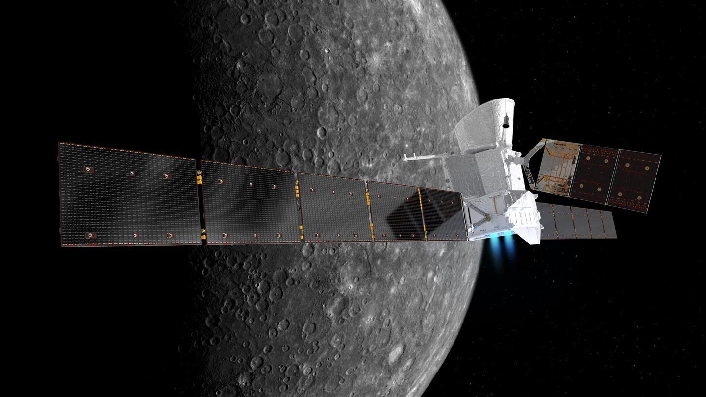 Artist impression of BepiColombo in front of Mercury