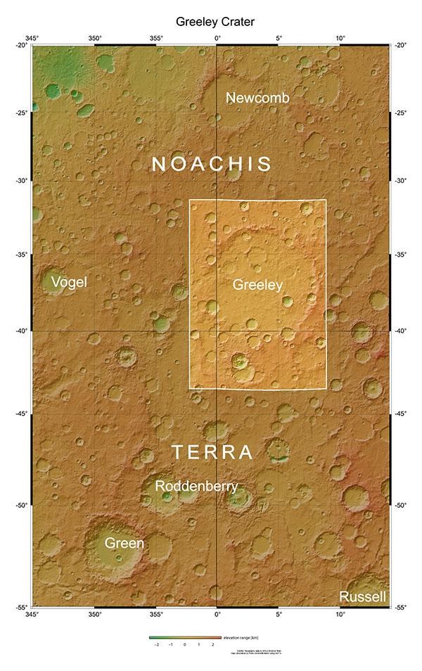 The impact crater Greeley in the Noachis Terra region.