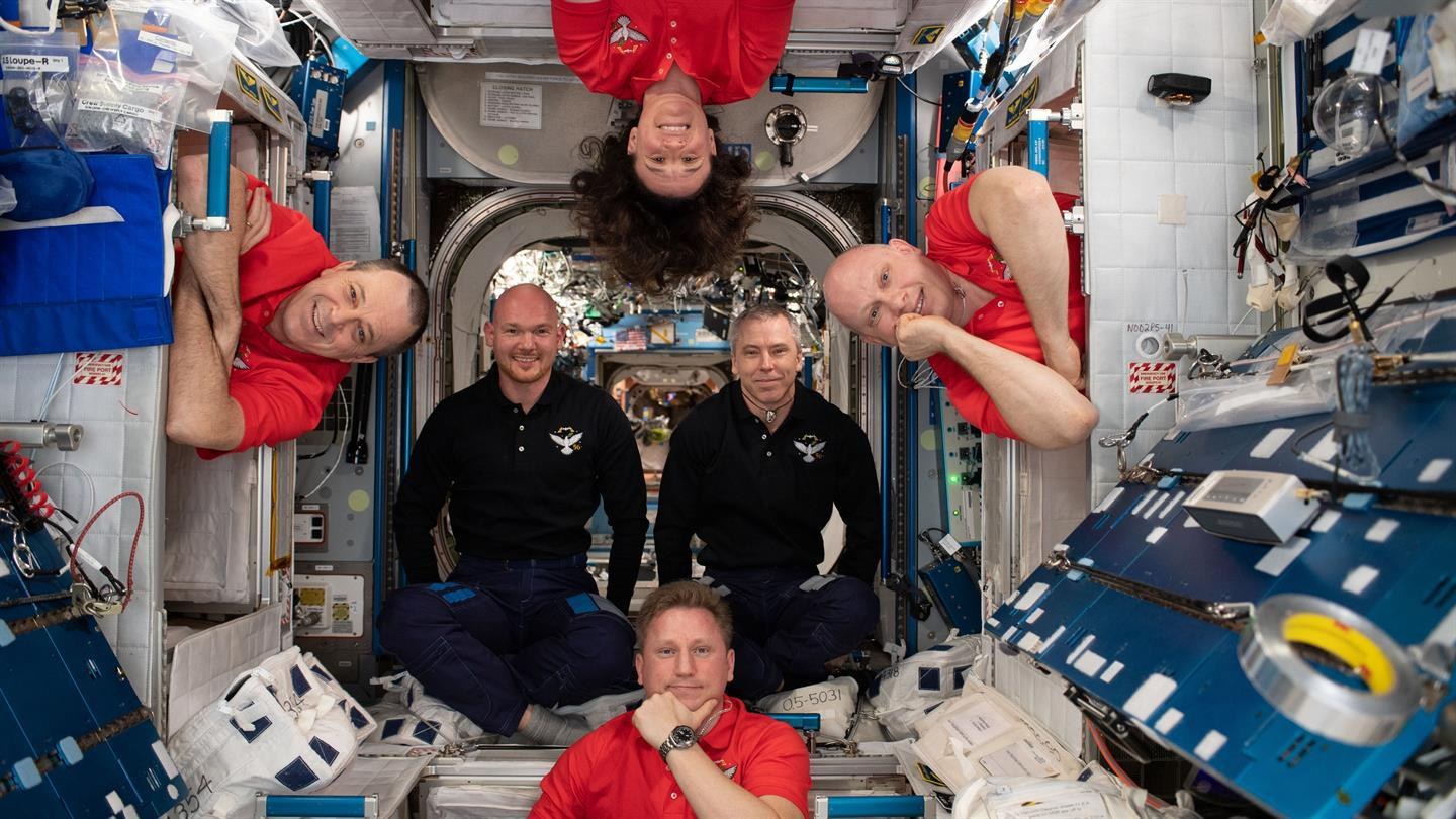 The team of Crew 56 poses in microgravity