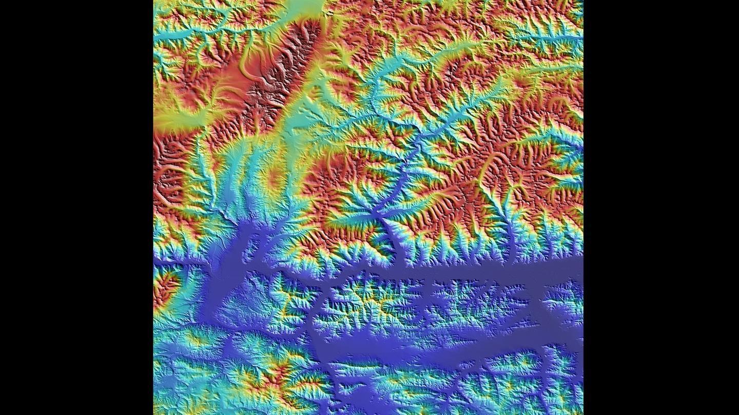Detail from the TanDEM-X elevation model of Tibet in the Himalaya. The city of Shigatse lies in the dark blue depression on the right-hand side of the image.