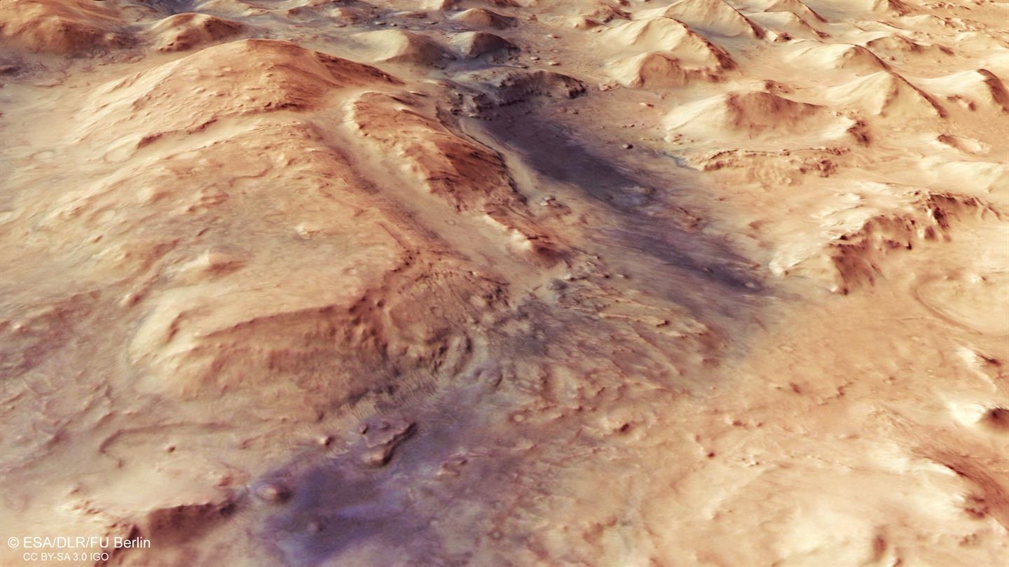 Perspective view of a valley in the north of Nili Fossae, seen from the southeast