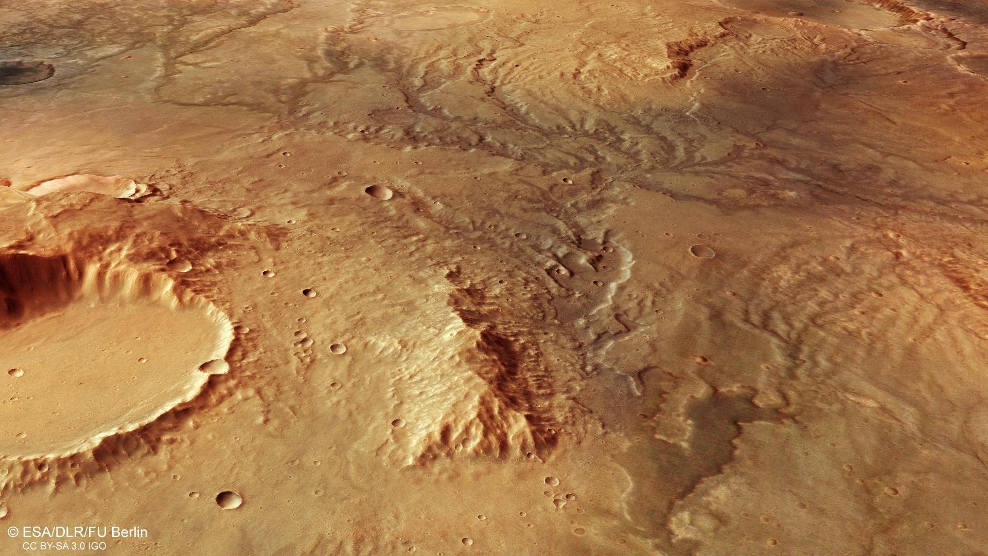 Oblique perspective view of the valley network east of Huygens Crater