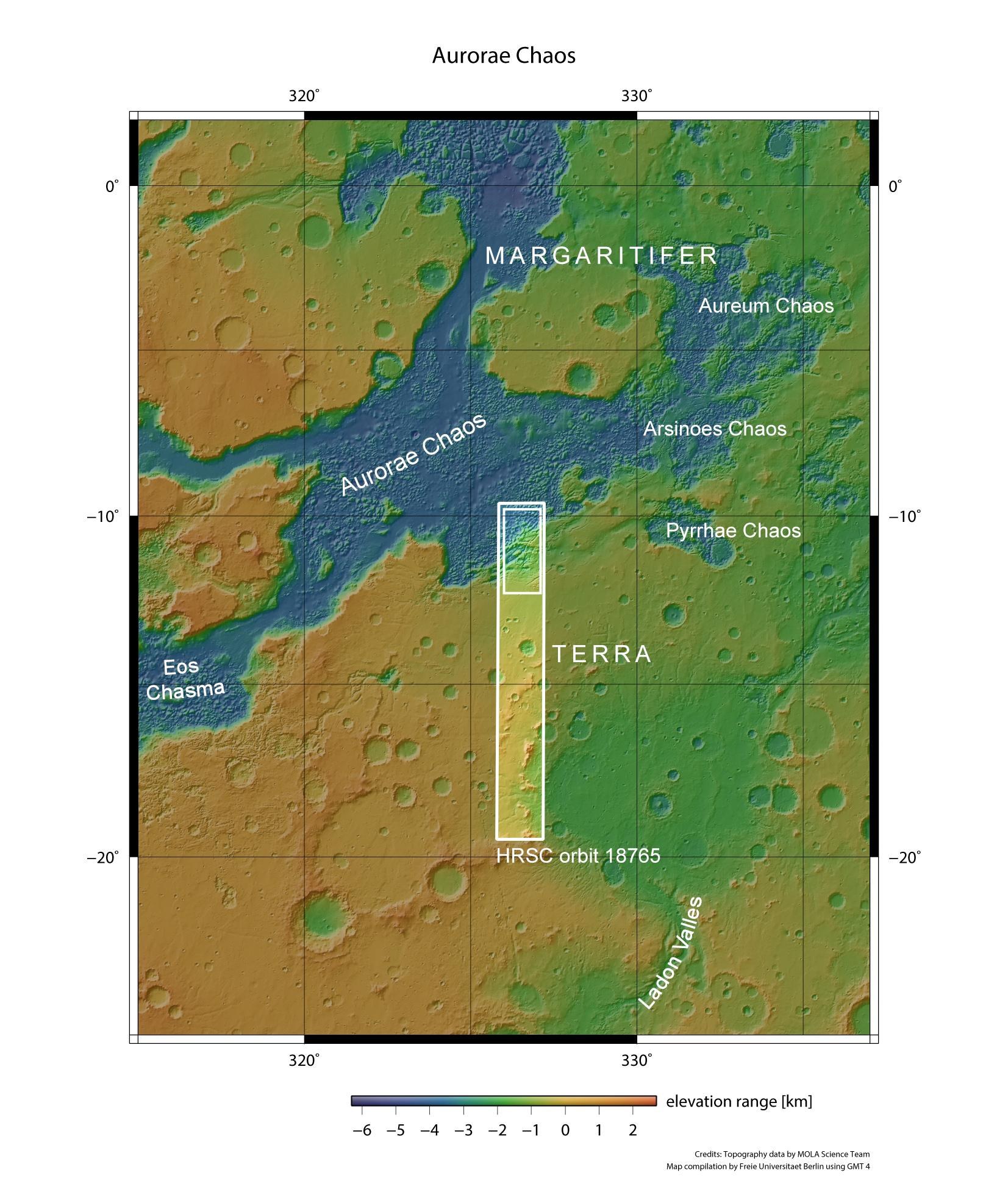 Topographical map of Margaritifer Terra and Aurorae Chaos