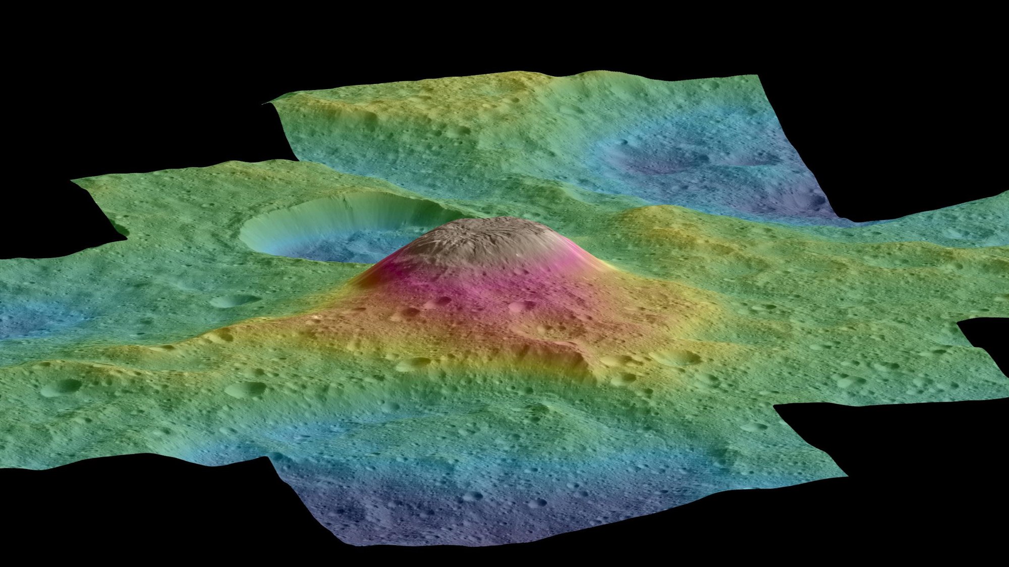 An oblique view of Ahuna Mons with elevation coding