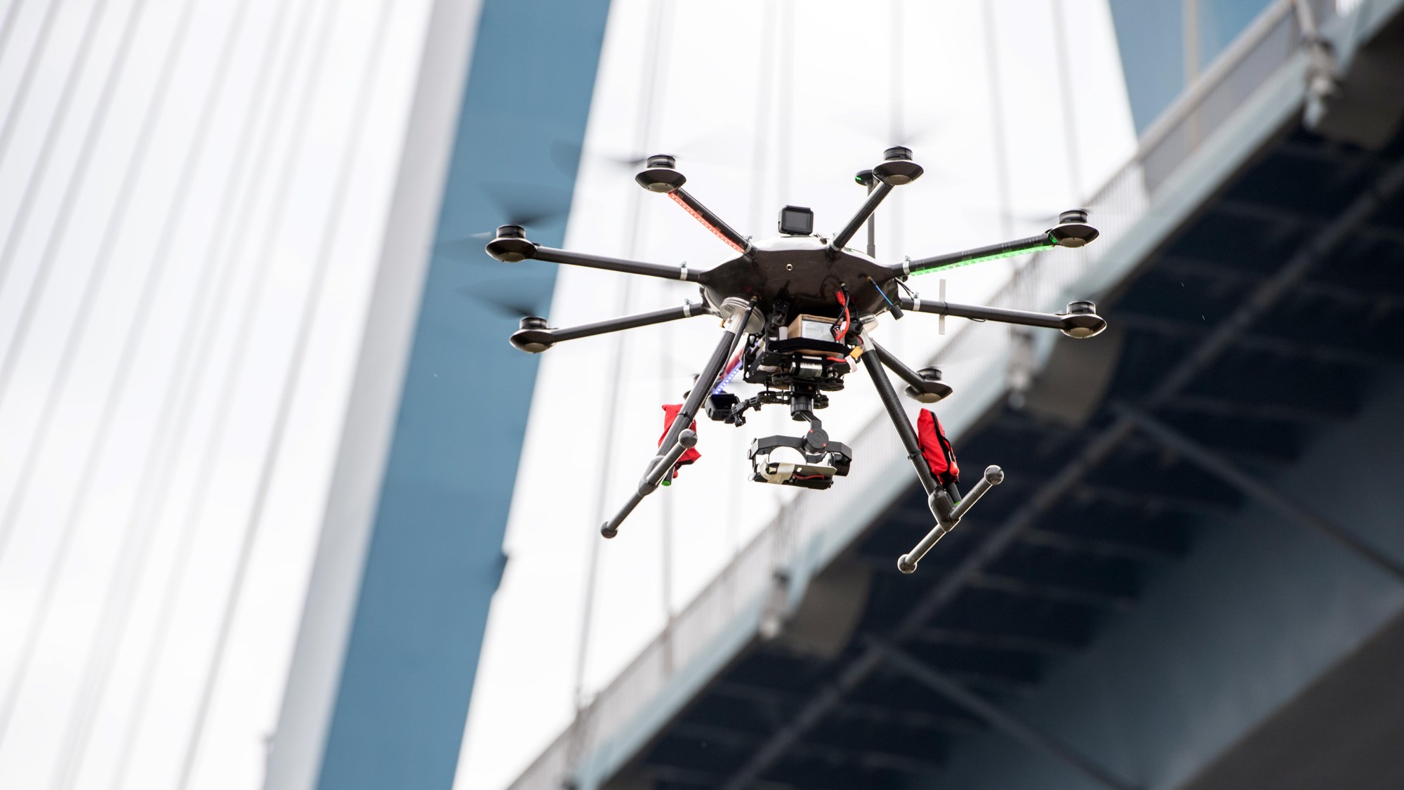 City-ATM Camera drone beside the Köhlbrand bridge