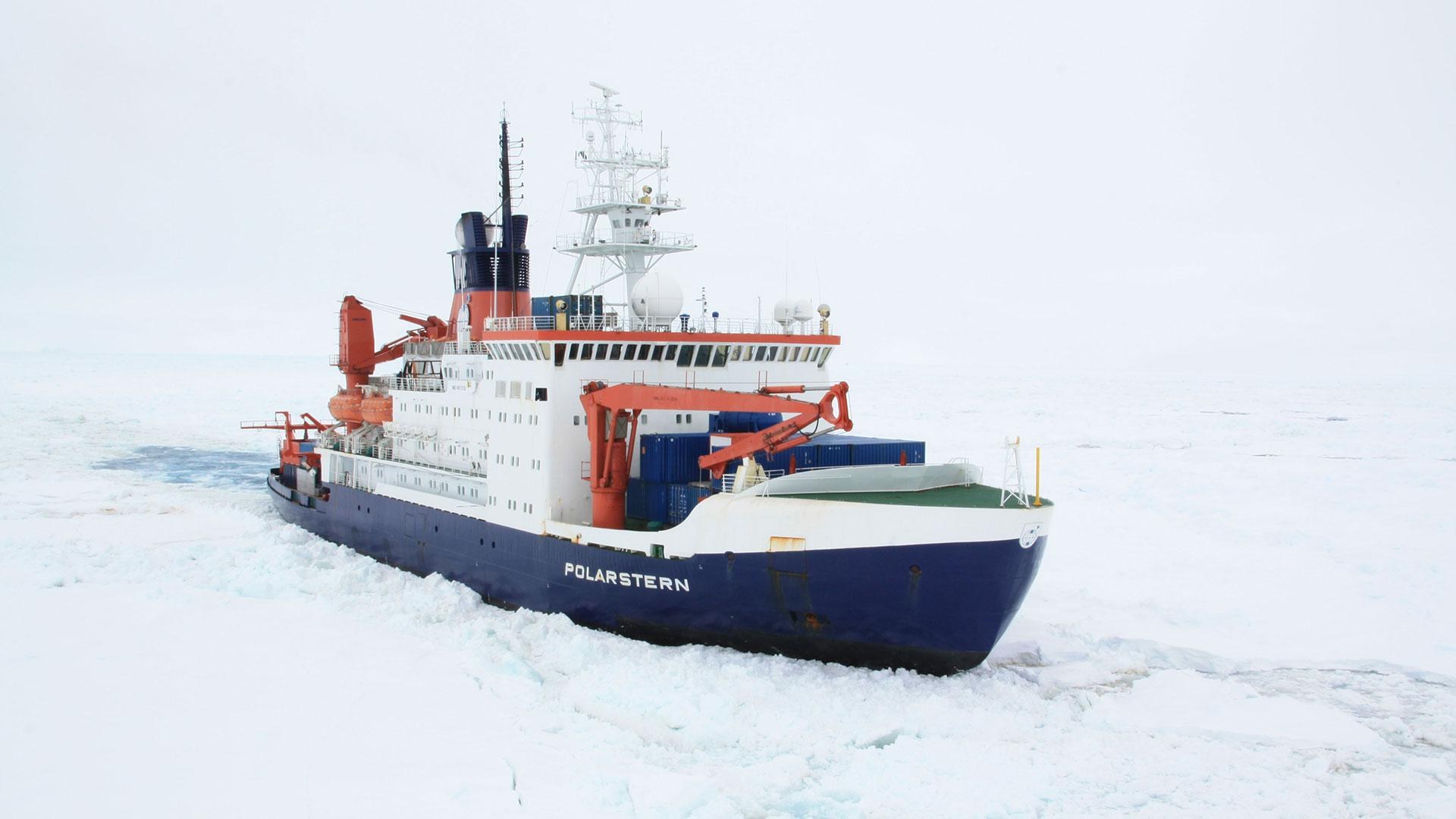 The Polarstern research icebreaker moving through the ice