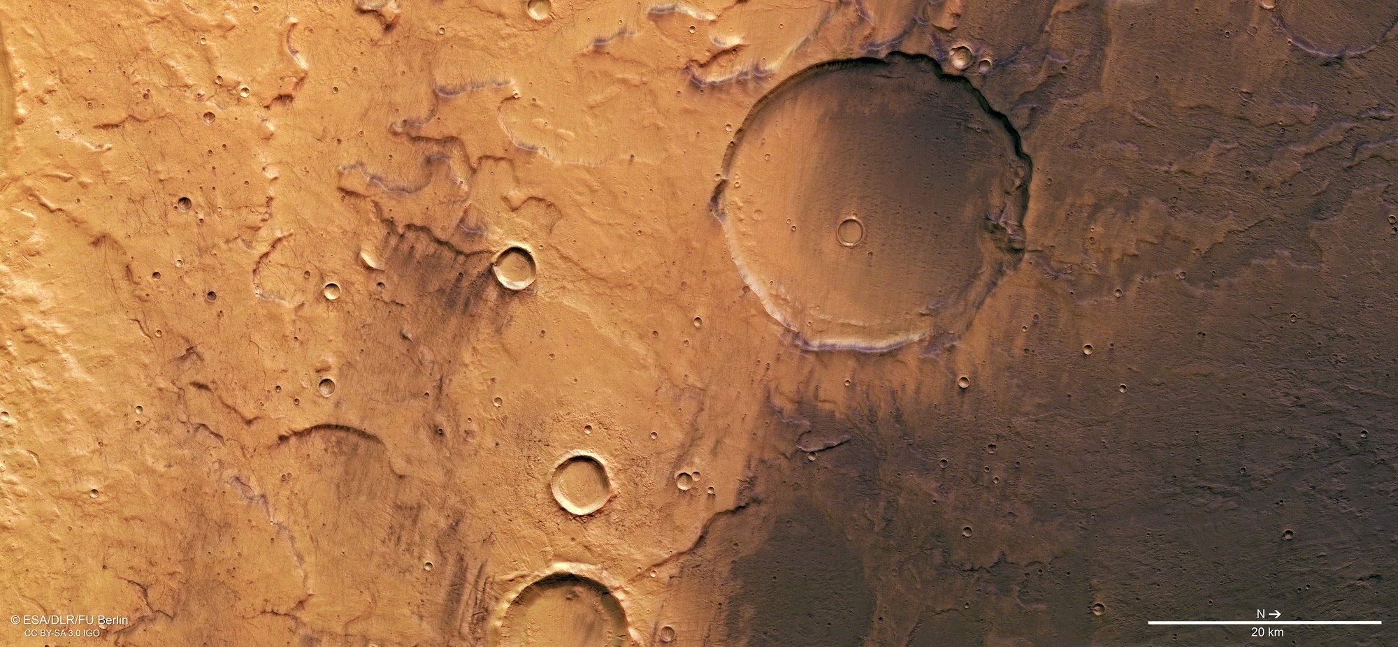 Light and dark coloured crater landscape in Terra Cimmeria