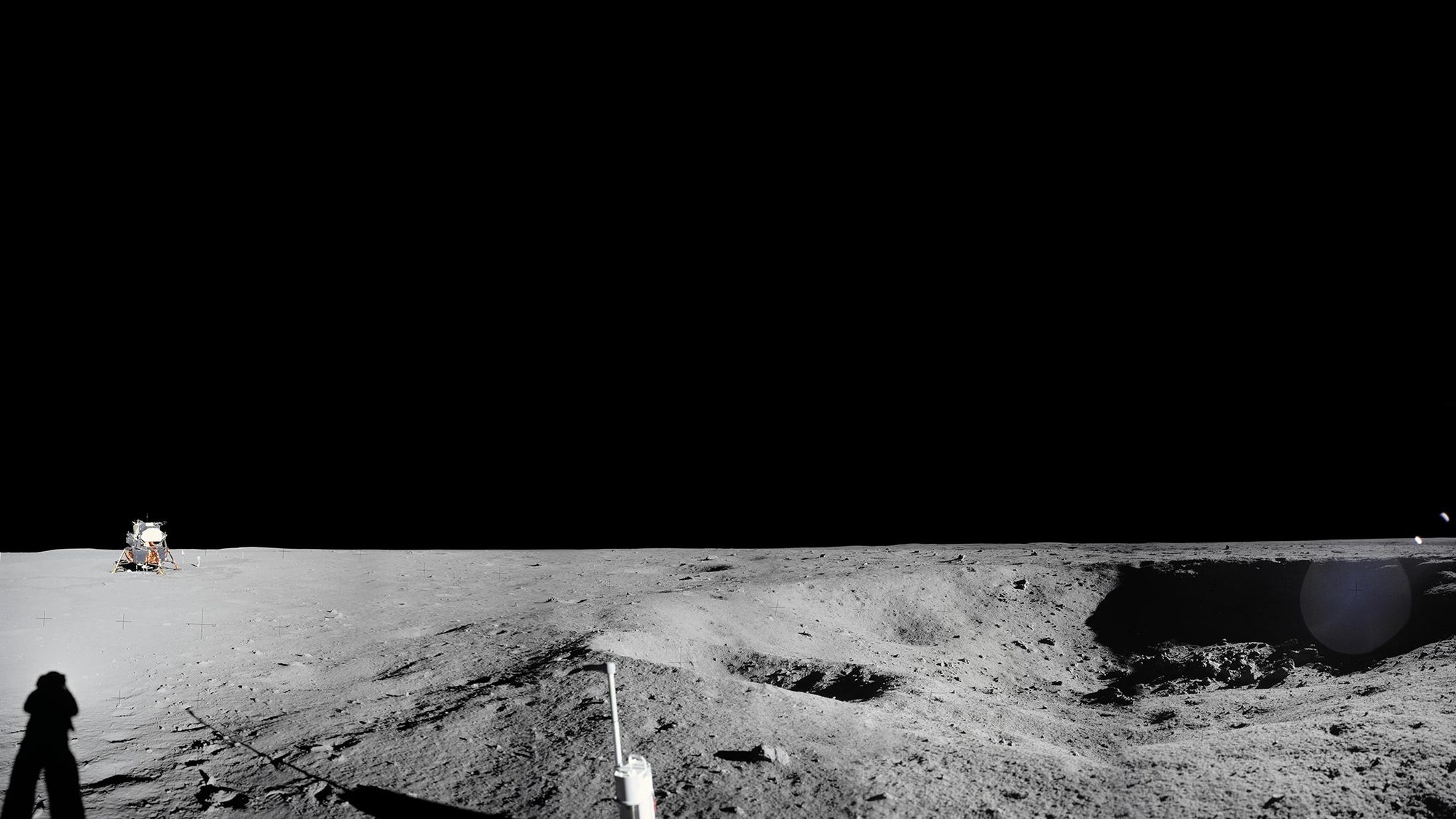 Panoramic view of the Apollo 11 landing site from Little West Crater