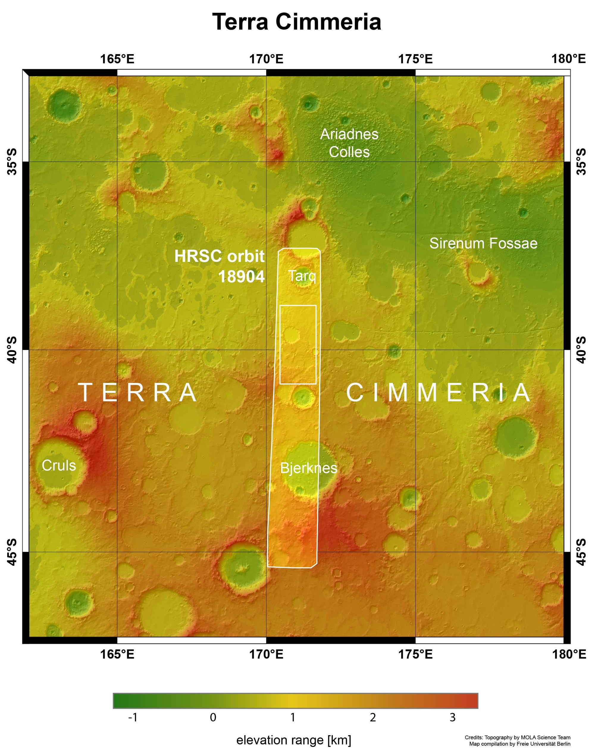 Topographic overview of the Terra Cimmeria highland region