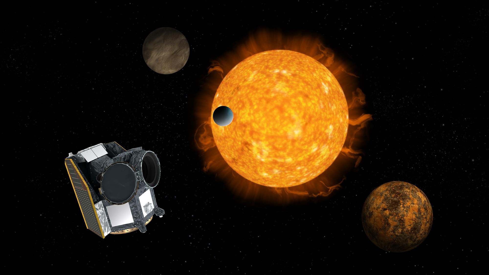 Artist's impression of CHEOPS, the characterising exoplanets satellite, with an exoplanet system in the background