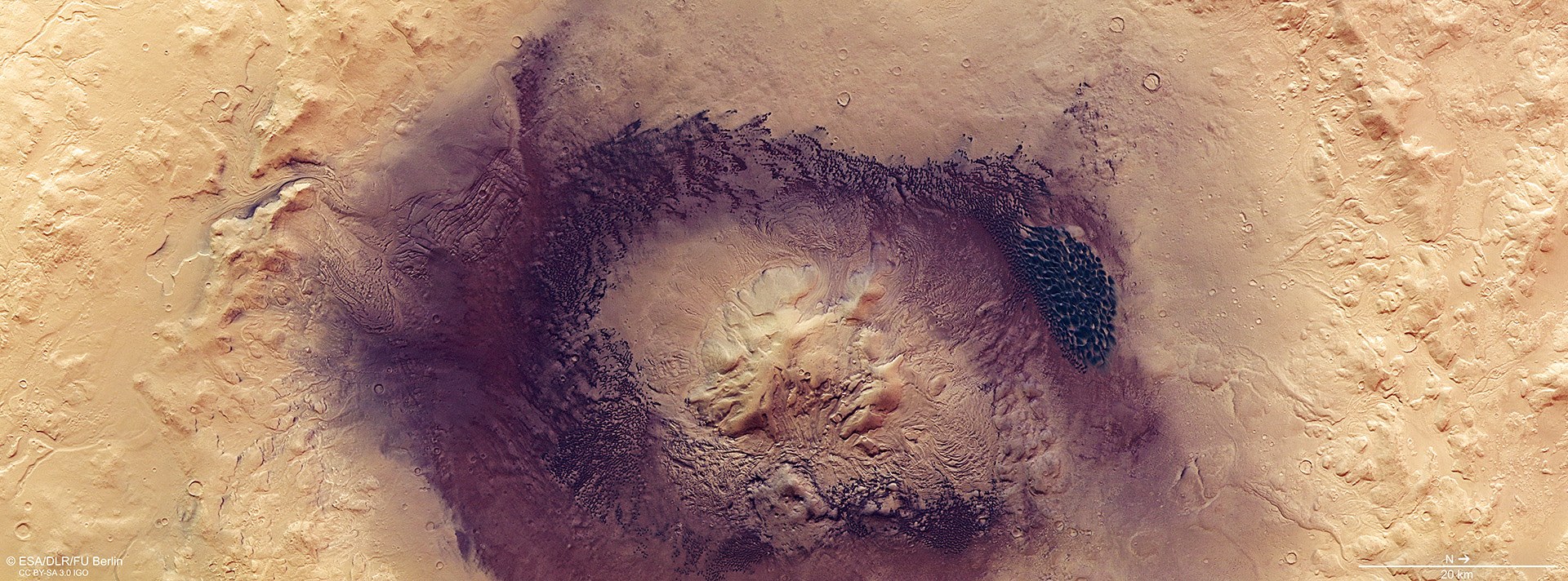 Colour plan view of Moreux Crater in Protonilus Mensae