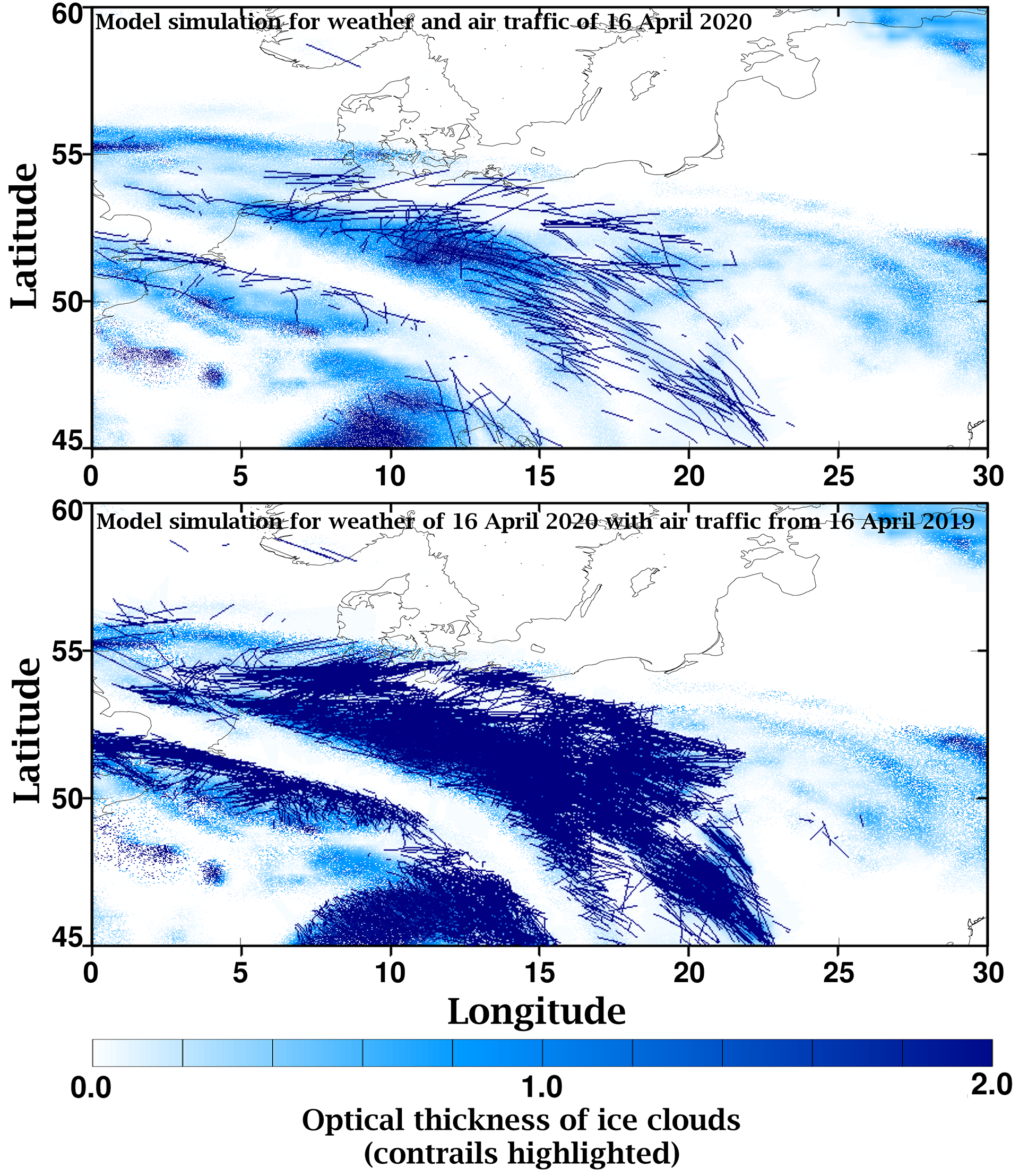 Comparison of condensation trail coverage on 16 April 2020 for different air traffic conditions (contrails graphically highlighted)