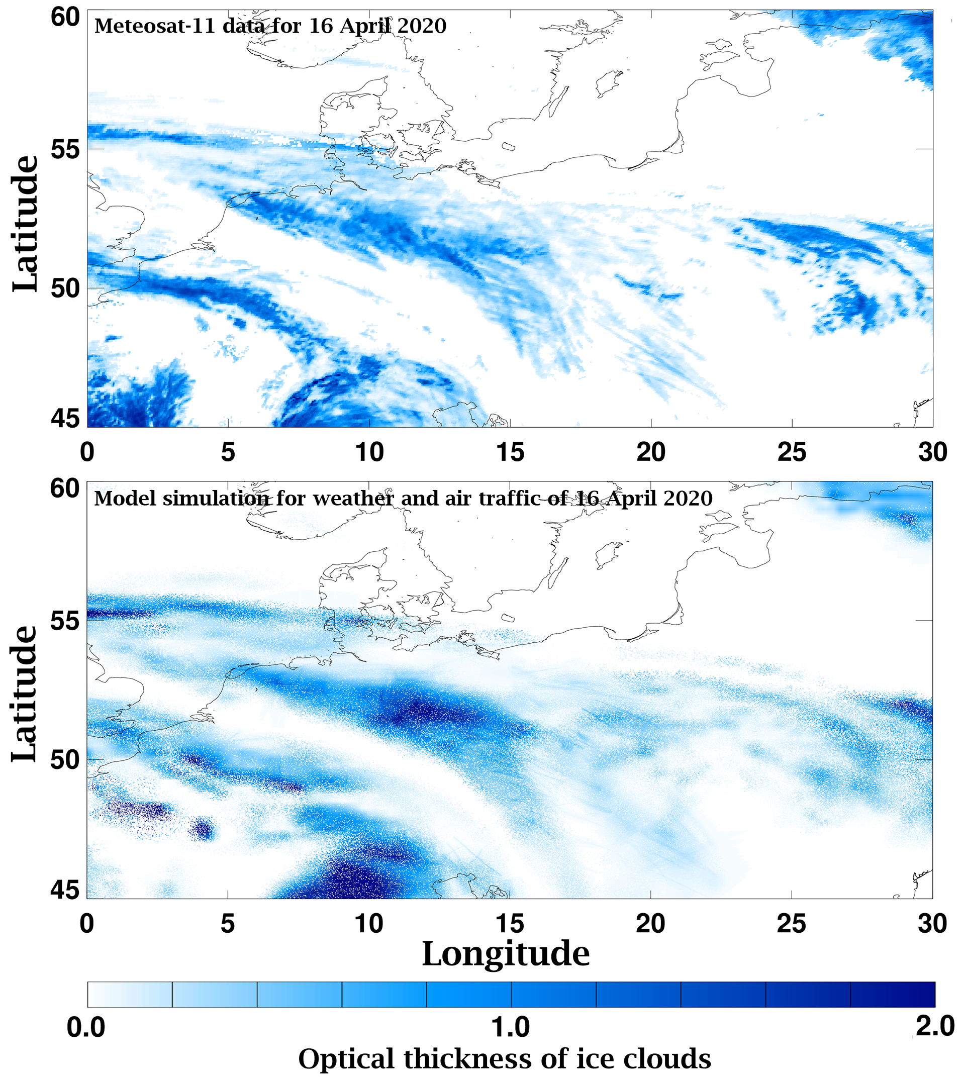 Meteosat-11 satellite data compared with a model for the optical thickness of ice clouds