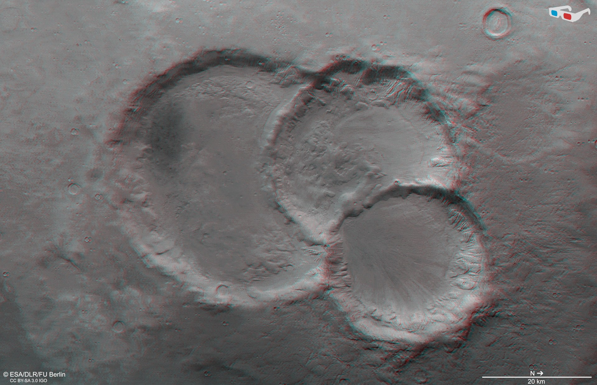 3D view of a crater triplet in Noachis Terra