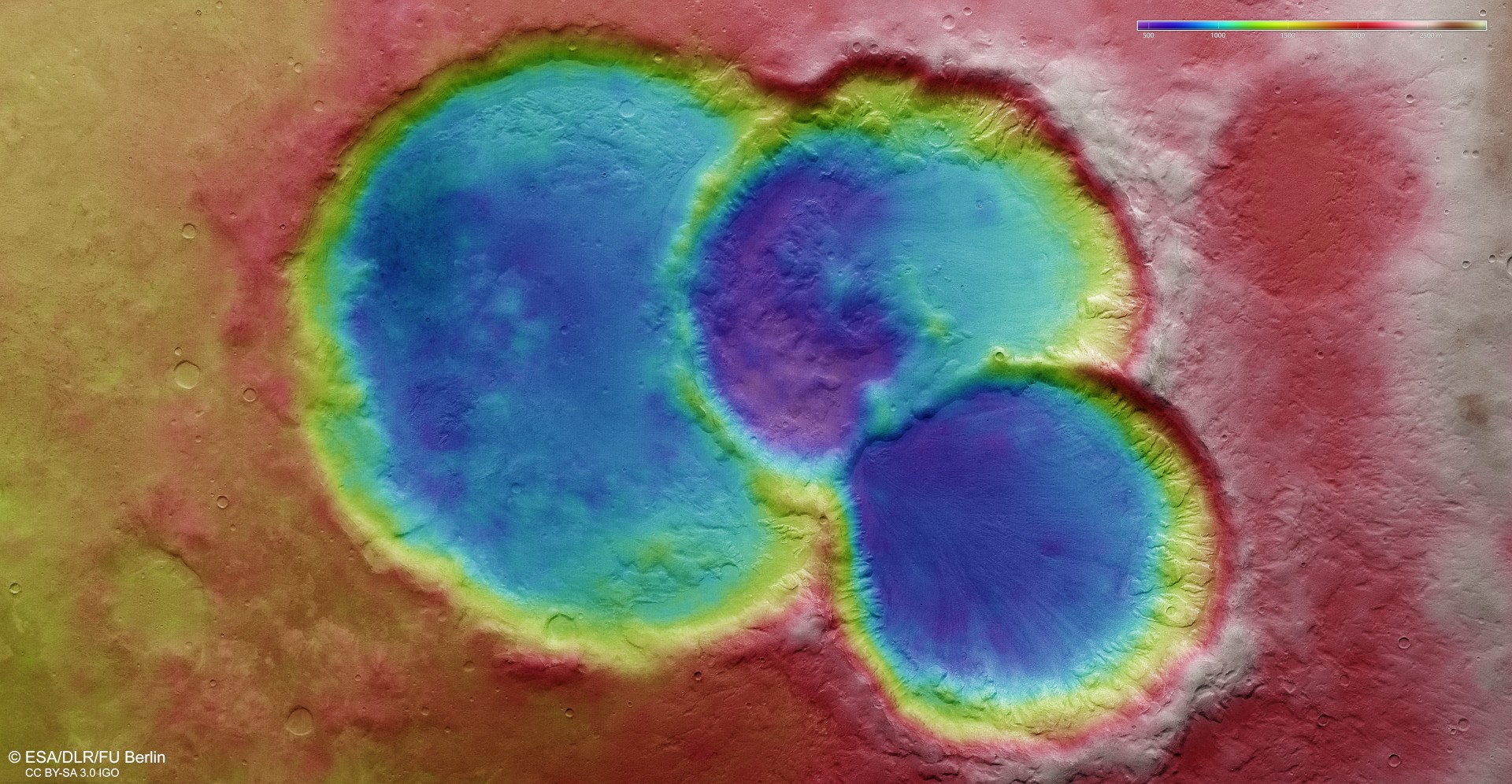 Topographic map of a crater triplet in Noachis Terra