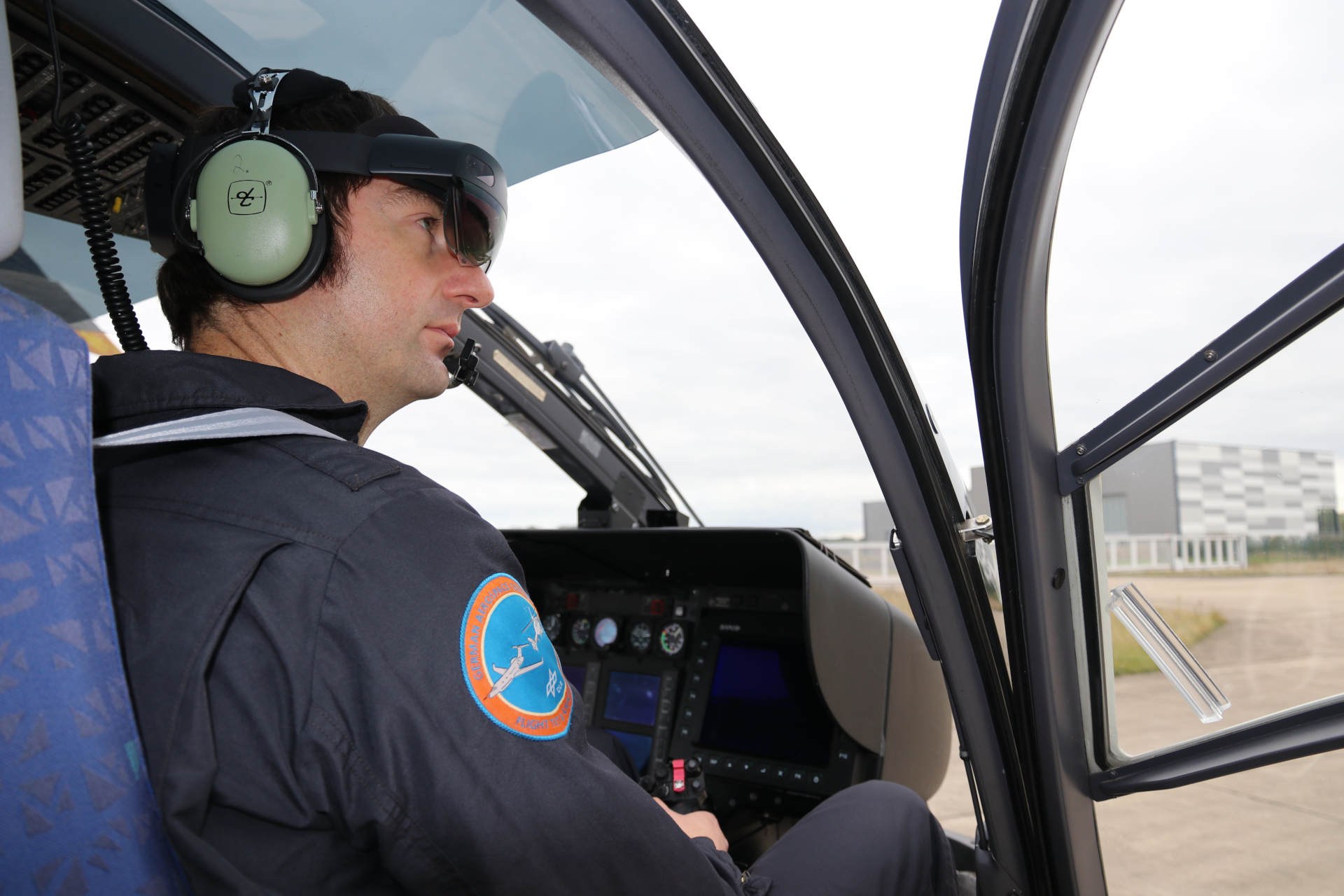 Test pilot wearing augmented reality glasses