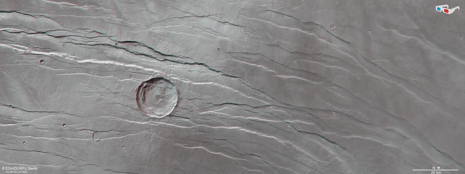 Anaglyph image of the Tantalus Fossae graben system