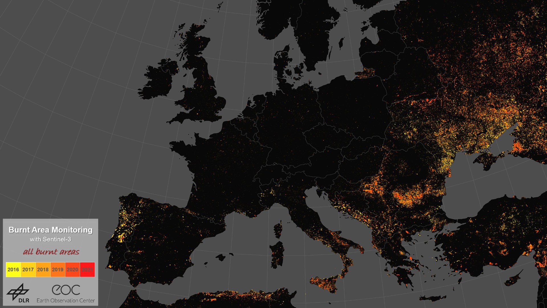 Burnt areas in Europe between 2016 and 2021 – all fires
