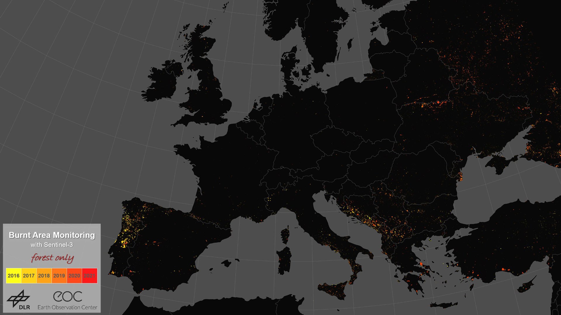Areas burned in Europe between 2016 and 2021 – forest fires