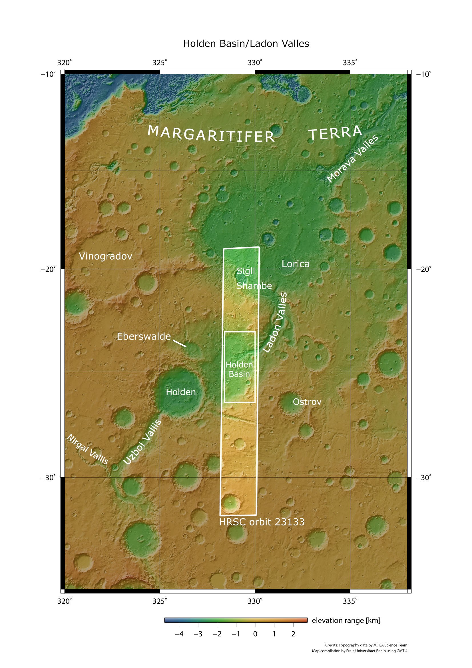 Location of the Uzboi-Ladon-Morava system in the southern highlands of Mars