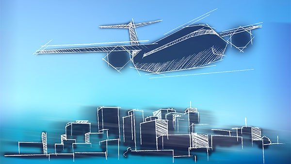 Aircraft flying over city