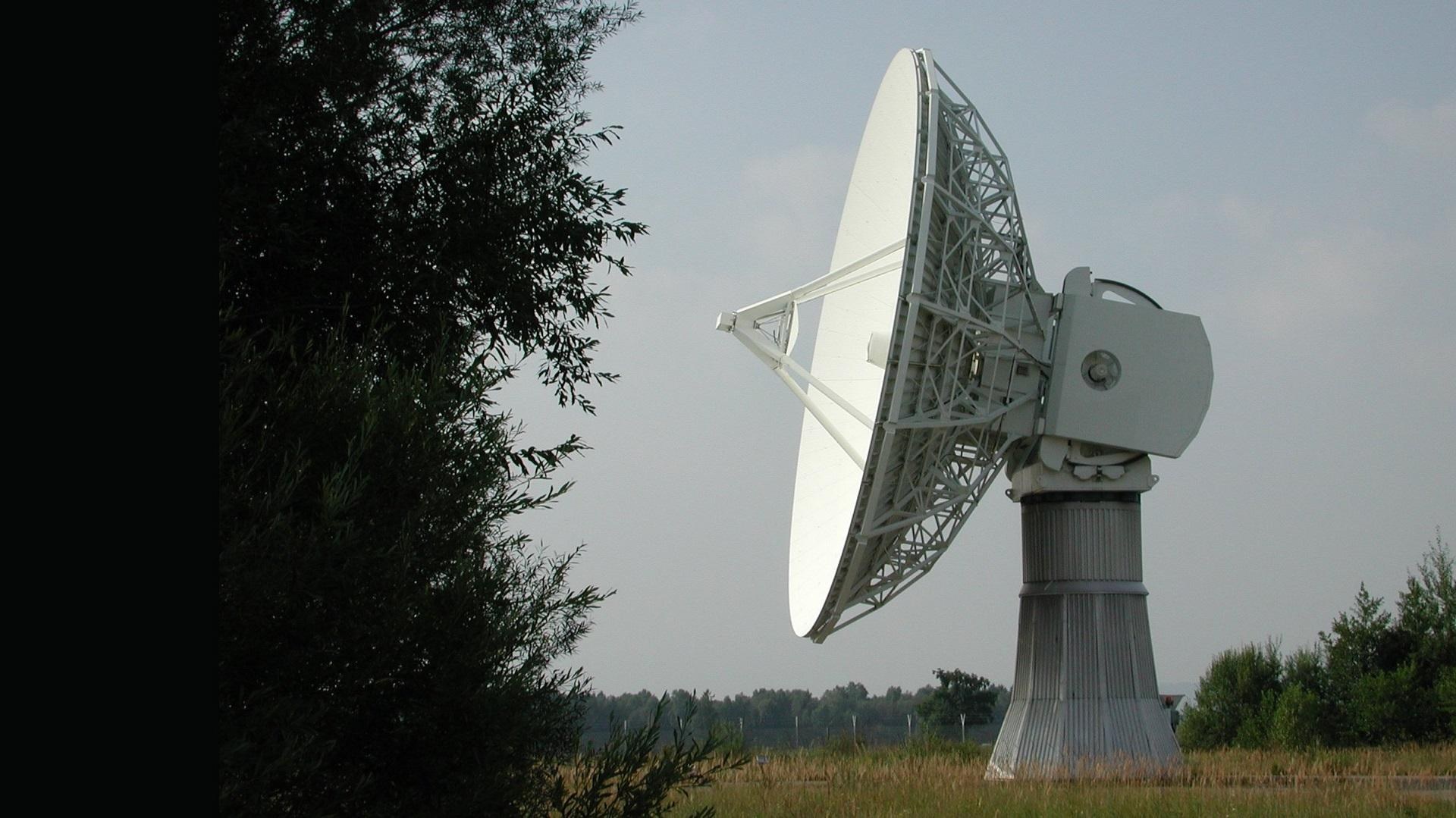 One of the two 15-metre S-band antennas