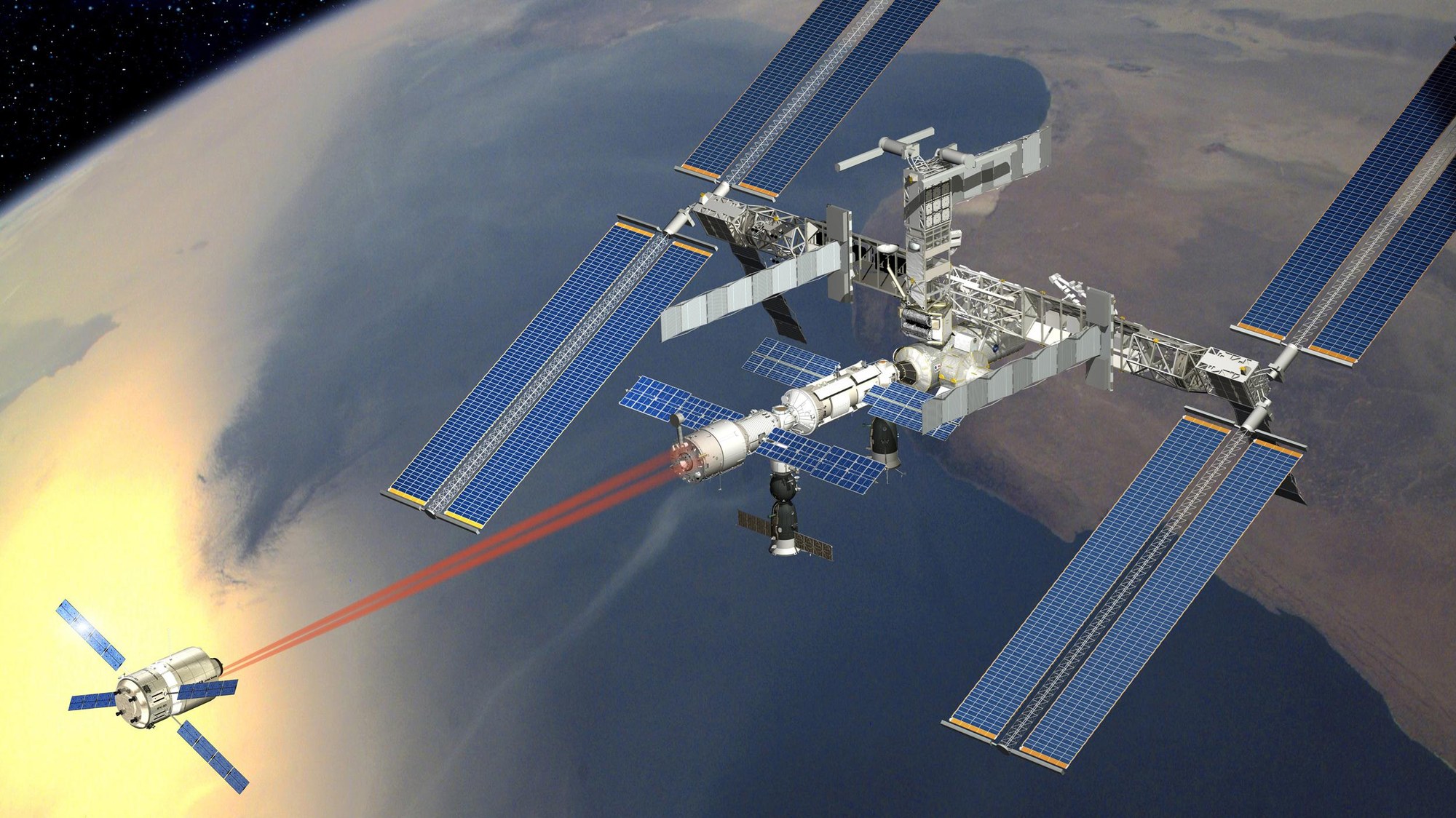 Artist's impression showing an ATV docking with the ISS.
