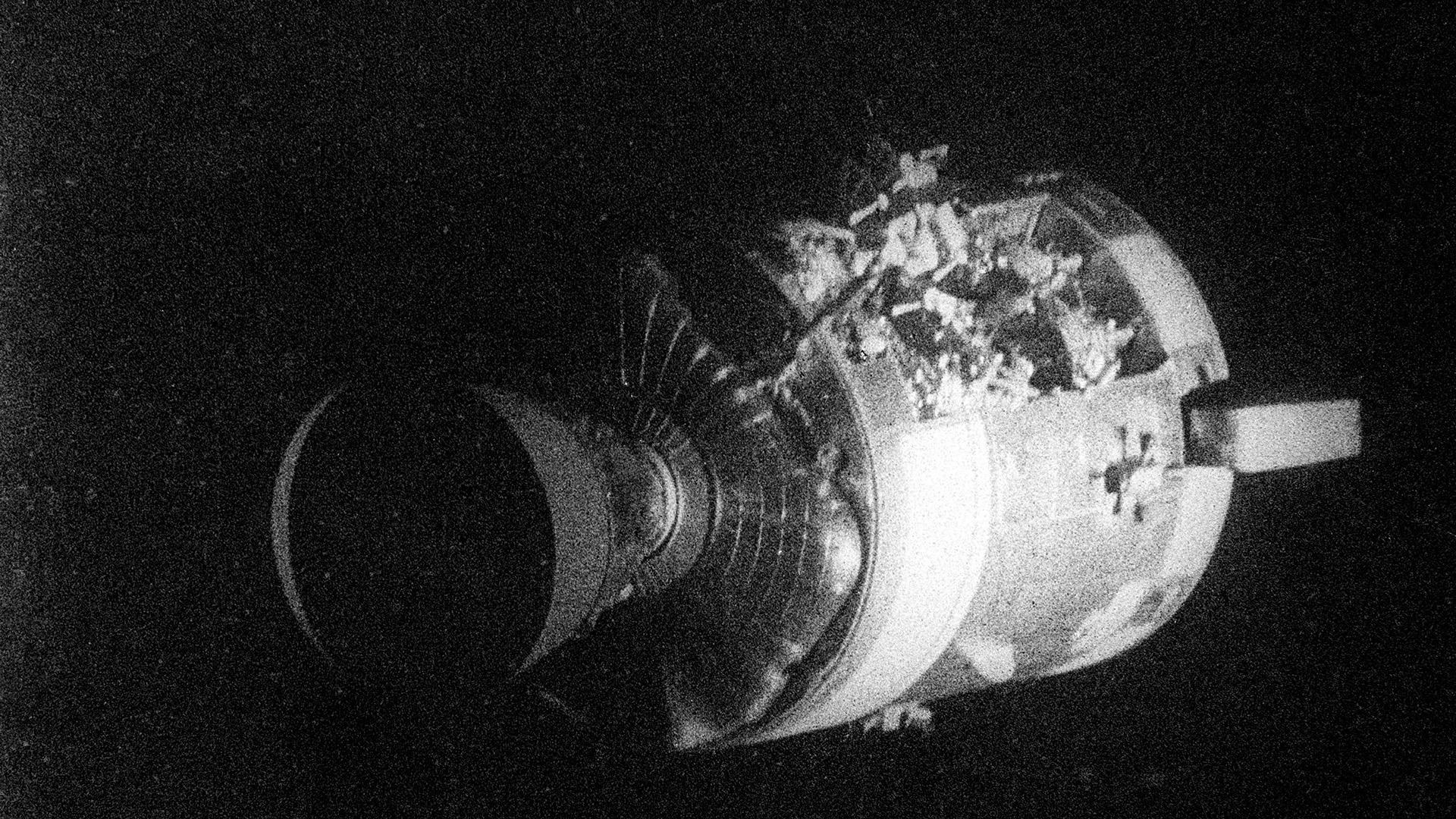 The damaged service module after separation from the command module ‘Odyssey'