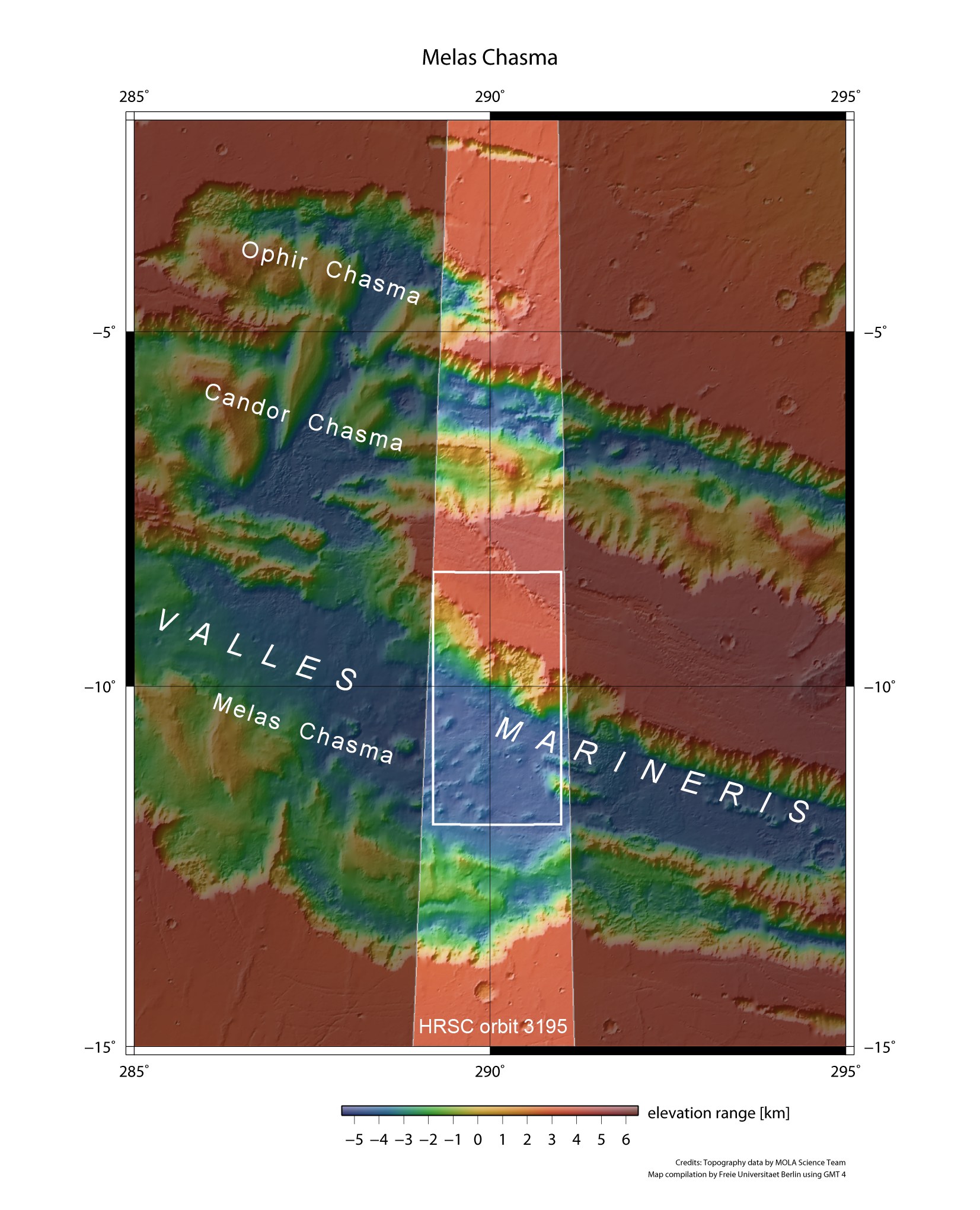 Elevation of Melas Chasma region on Mars