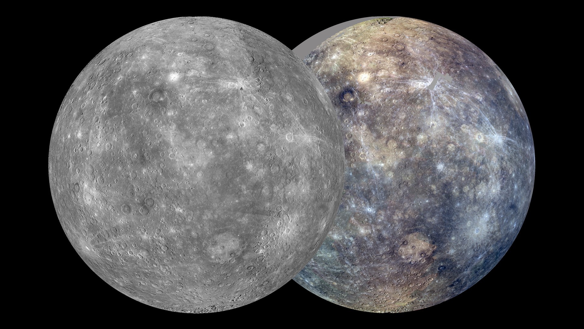 Mercury in black and white and a false-colour image