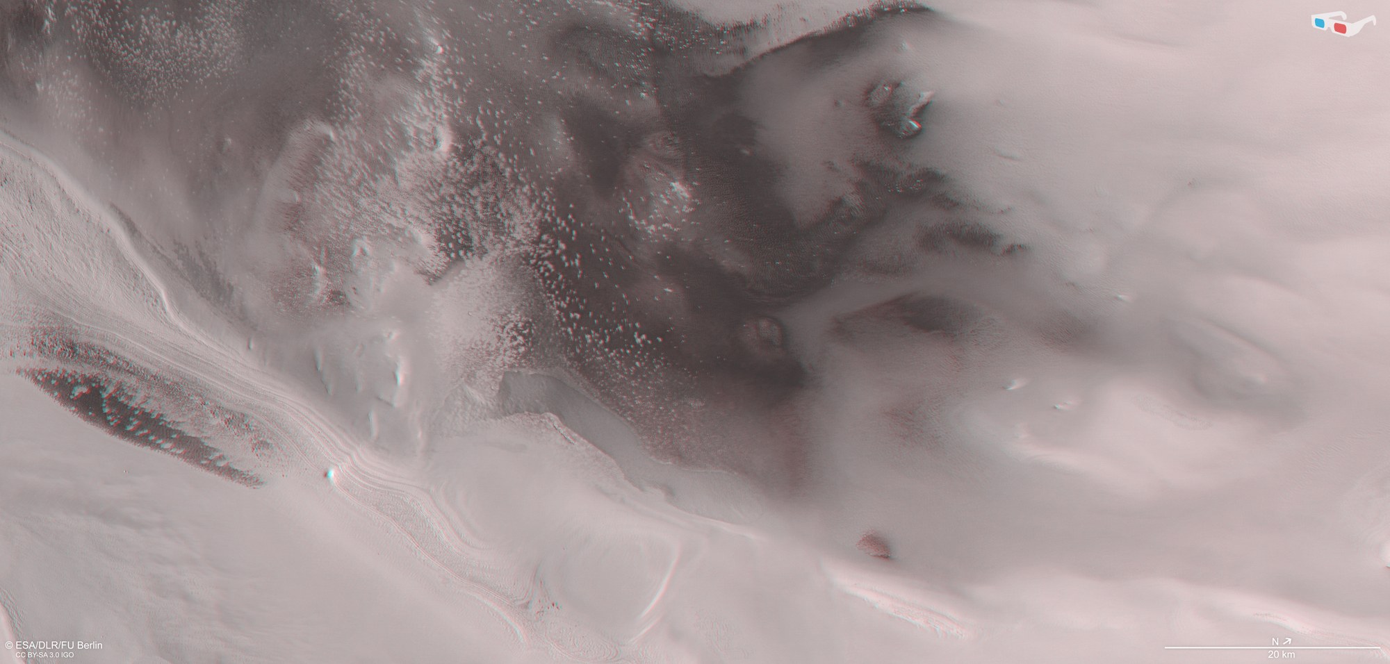 3D anaglyph image of the 'Australe Scopuli' region near the south pole