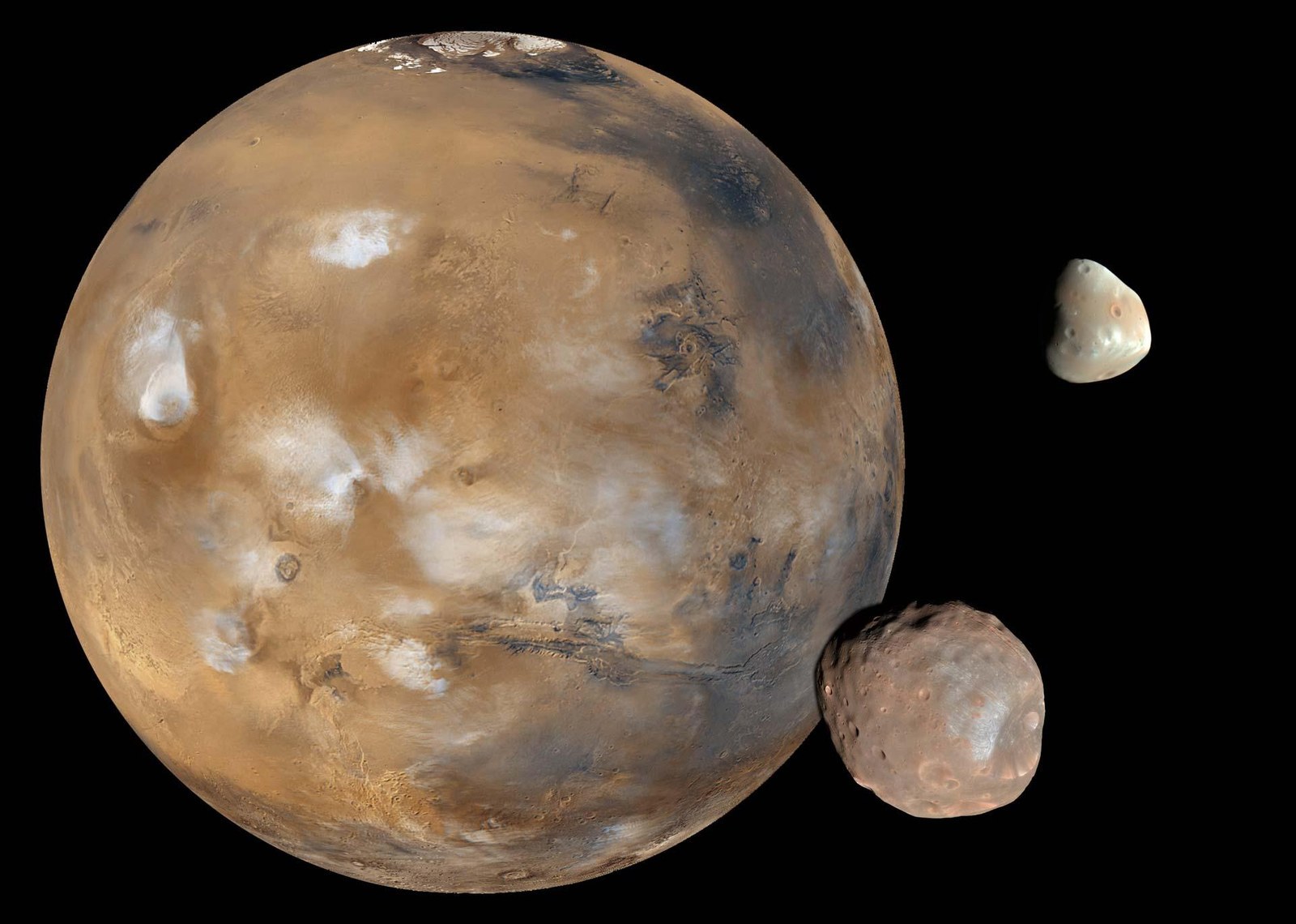 Mars with its moons Deimos (above) and Phobos