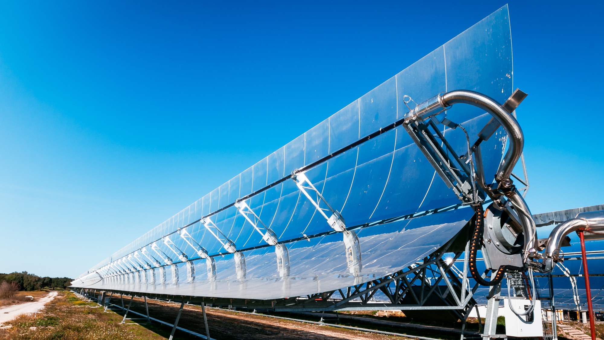 Parabolic trough collector at the Évora Molten Salt Platform. (Owner: University of Évora)