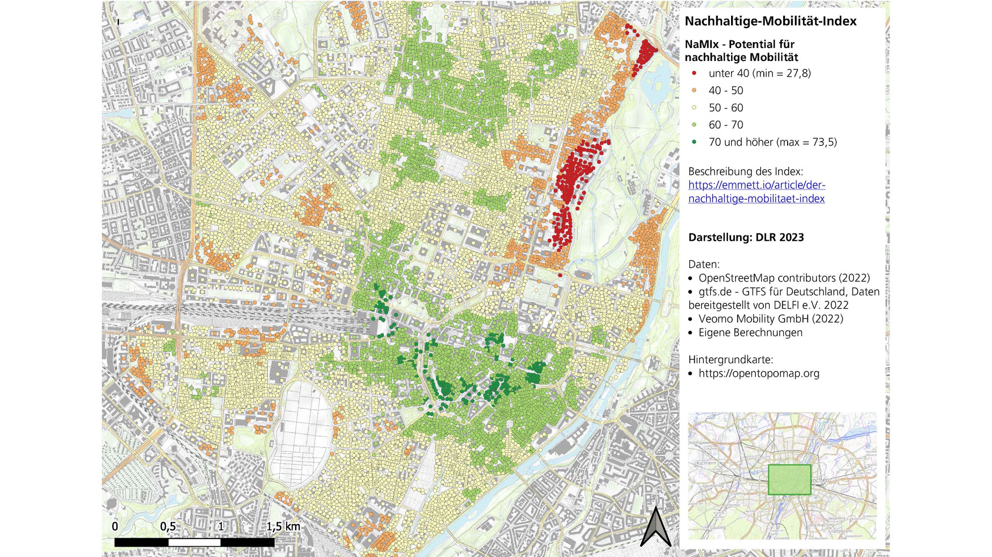 Illustration of a map showing a section of Munich. The Sustainable Mobility Index is indicated by different coloured dots, measured on a scale of 1-100. Green dots indicate a high Sustainable Mobility Index, red dots a poor one.