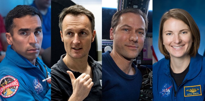 Raja Chari, Matthias Maurer, Thomas Marshburn und Kayla Barron (von links nach rechts). Bilder: NASA, ESA