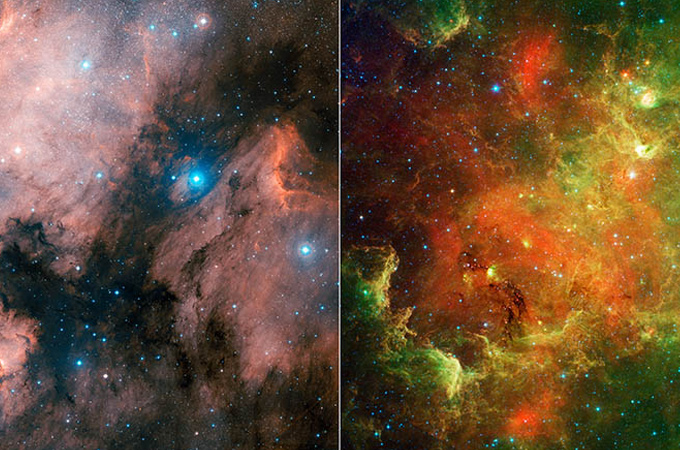 Den gewaltigen Unterschied von „normalen“ Aufnahmen und Infrarot-Bildern erkennt man hier: Beide Fotos zeigen den Nordamerika-Nebel – eine riesige „Wolke“ aus kosmischem Staub und Gas. Links sieht man ihn, wie er durch ein optisches Teleskop erscheint – quasi mit menschlichen Augen. Das Infrarot-Bild rechts zeigt Strukturen und Sterne, die uns sonst verborgen bleiben würden. Bilder: NASA