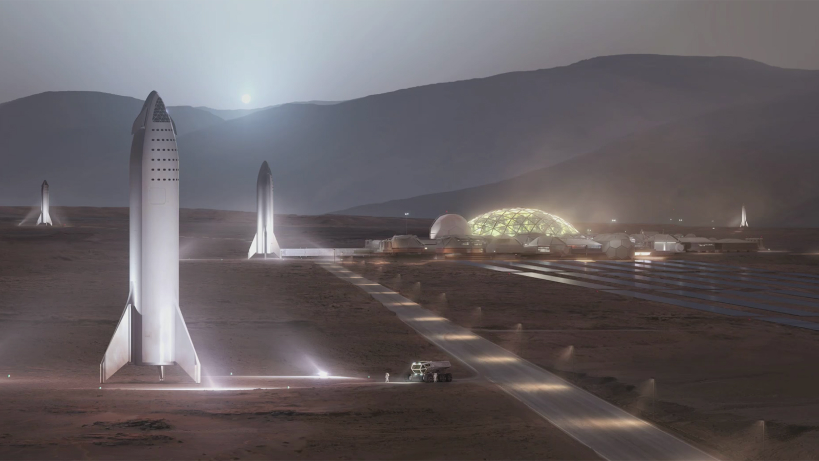So könnte eine künftige Mars-Kolonie nach den Plänen von Elon Musk aussehen. Links die Raumschiffe, mit denen die „Siedler“ dort landen sollen, rechts verschiedene Habitate. Künstlerische Darstellung: SpaceX